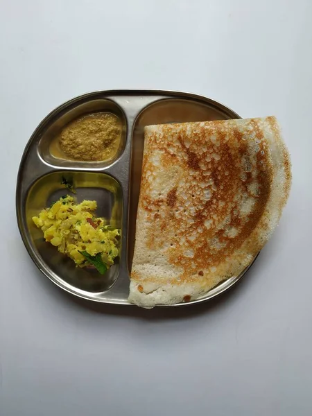 Närbild Indiska Hemlagad Frukost Tasty Masala Dosa Med Kokos Chutney — Stockfoto