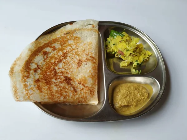 Närbild Indiska Hemlagad Frukost Tasty Masala Dosa Med Kokos Chutney — Stockfoto