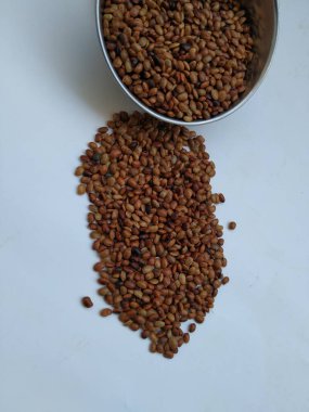 Beyaz zemin üzerinde izole edilmiş Çelik Kupa 'dan Dağılmış At Gram tohumlarının yakın çekimi