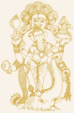 Lord Ganesha 'nın çizimi ya da çizimi Vishnu ve Tanrıça Lakshmi Ana Hattı Düzenlenebilir Vektör İllüstrasyonuyla ayakta duruyor