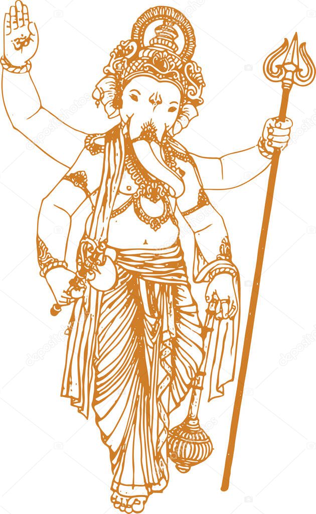 Drawing or Sketch of Lord Ganesha Stand and hold trident outline editable vector illustration