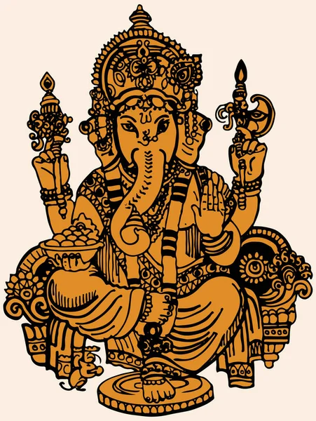 Dibujo Boceto Del Señor Ganesha Stand Mantenga Tridente Contorno Editable — Archivo Imágenes Vectoriales