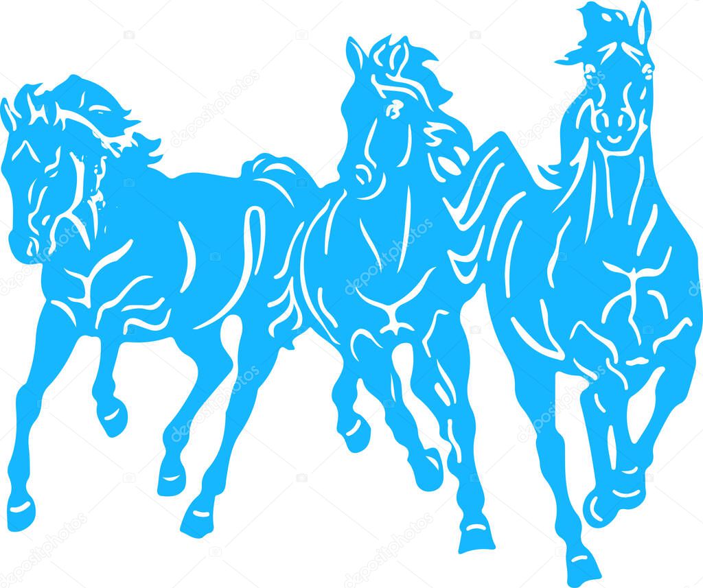 Drawing or Sketch Three Running Horses Vector Outline Illustration