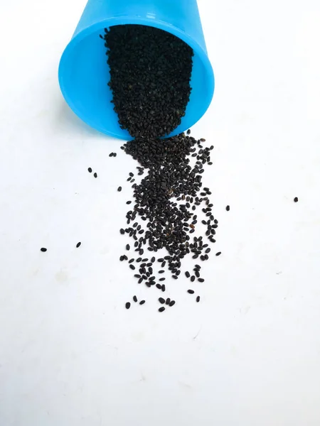 Closeup Chia Seeds Kama Kasturi Seed Scattered Blue Color Plastic — Stock Photo, Image