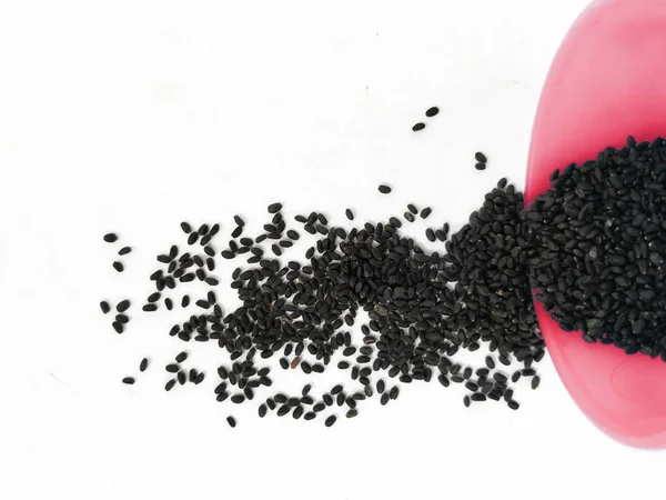 Closeup Chia Seeds Kama Kasturi Seed Scattered Red Color Plastic — Stock Photo, Image