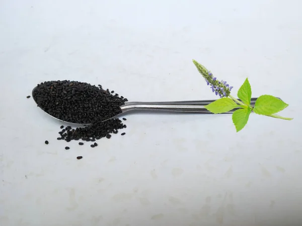 Closeup Chia Kama Kasturi Seeds Steel Spoon Isolated White Background — Stock Photo, Image