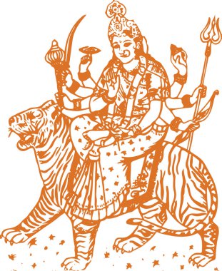 Tanrıça Durga ya da Chamundi 'nin çizimi ya da çizimi. Kaplan Düzenlenebilir Çizim Çizimi' nin üzerine otur.