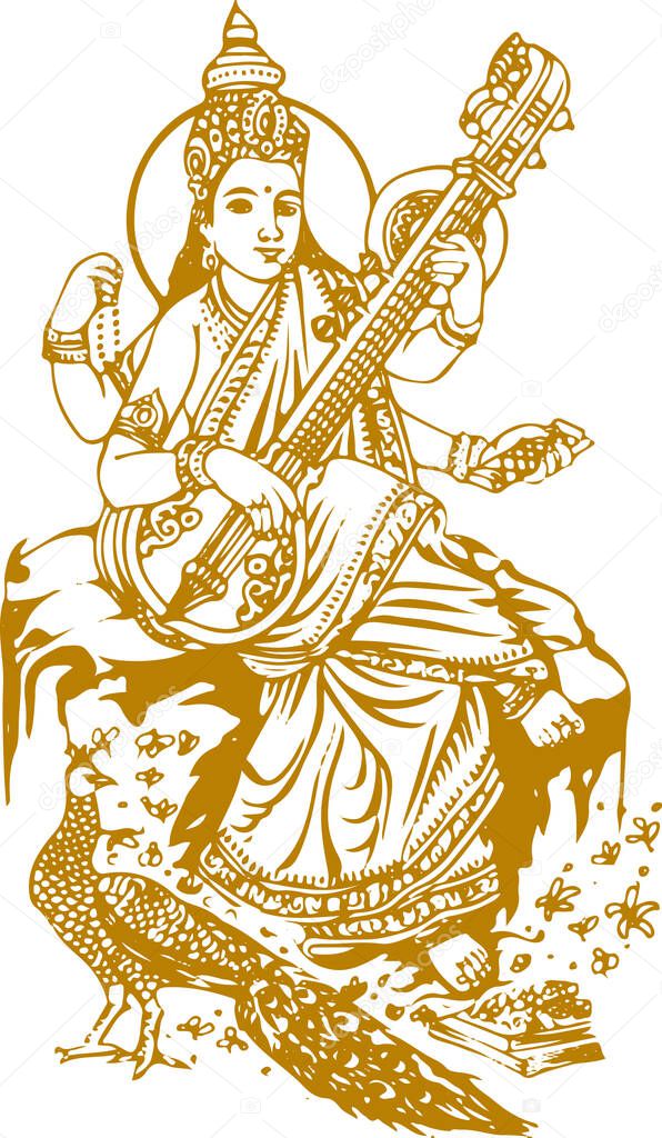 Drawing or Sketch of Hindu Education Goddess Saraswati or Sharada wife of Lord Brahma