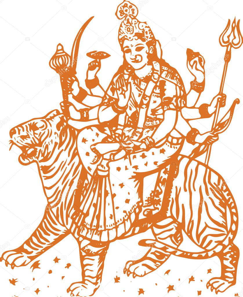 Drawing or Sketch of Goddess Durga or Chamundi Sit above the Tiger Editable Vector Outline Illustration