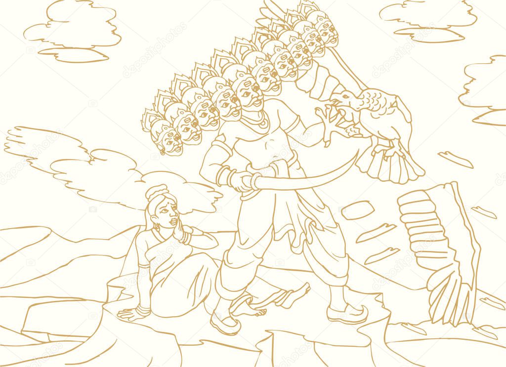 Drawing or Sketch of Ten Headed Ravana Cutting the Jatayu or Eagle Wings in a Ramayan Outline Editable Vector Illustration