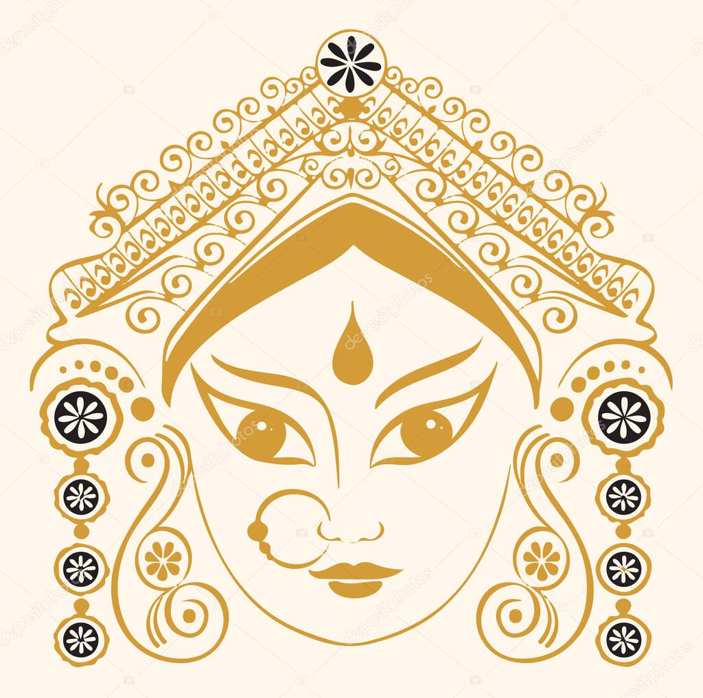 Drawing or Sketch of Goddess Durga Maa or Durga Closeup Face Design Element in Outline Editable Vector Illustration for a Dasara Festival Celebration