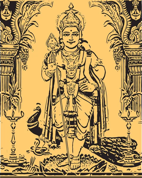 Tekening Tekening Van Lord Murugan Skanda Standing Outline Bewerkbare Vectorillustratie — Stockvector