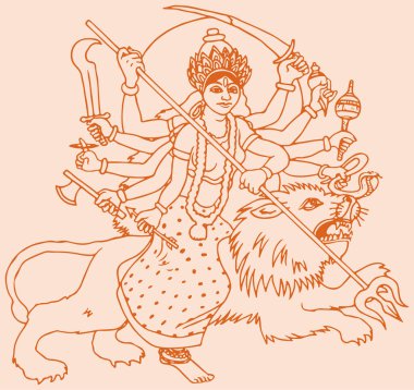 Tanrıça Durgi 'nin ya da Durga Maa' nın çizimi ya da çizimi Kaplan ve Aslan Öldüren Mahishasura 'nın üzerinde oturuyor.