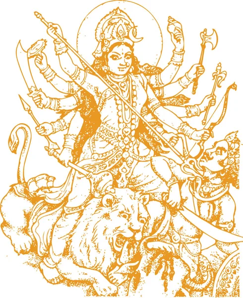 Dibujo Boceto Diosa Durgi Durga Maa Sentado Encima Del Tigre — Vector de stock
