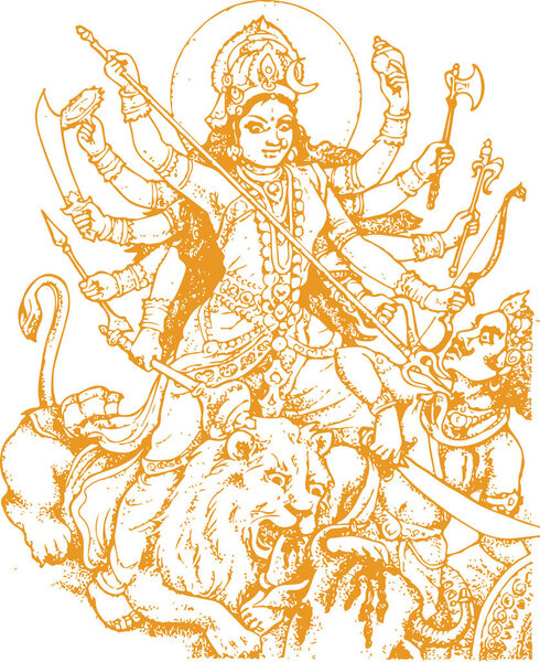 Drawing or Sketch of Goddess Durgi or Durga Maa Sitting above the Tiger and Lion Killing Mahishasura Outline Editable Vector Illustration