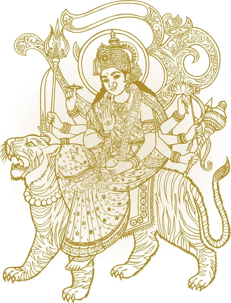 神女杜吉或大妈坐在老虎和狮子之上的画像或素描杀死玛哈苏拉纲要可编辑的病媒图解 — 图库矢量图片