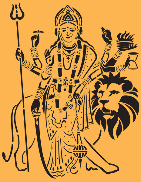 Drawing or Sketch of Goddess Durgi or Durga Maa Sitting above the Tiger and Lion Killing Mahishasura Outline Editable Vector Illustration