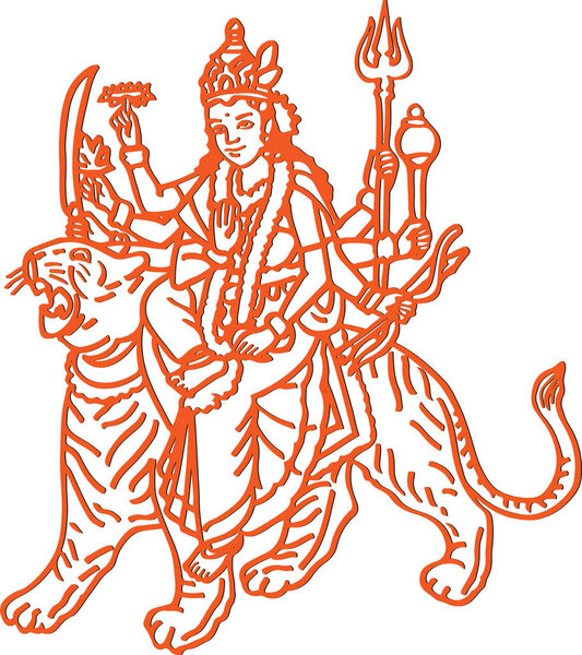 Drawing or Sketch of Goddess Durgi or Durga Maa Sitting above the Tiger and Lion Killing Mahishasura Outline Editable Vector Illustration