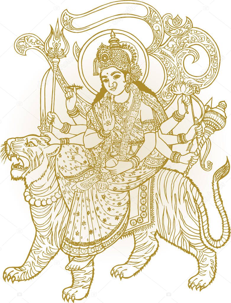 Drawing or Sketch of Goddess Durgi or Durga Maa Sitting above the Tiger and Lion Killing Mahishasura Outline Editable Vector Illustration