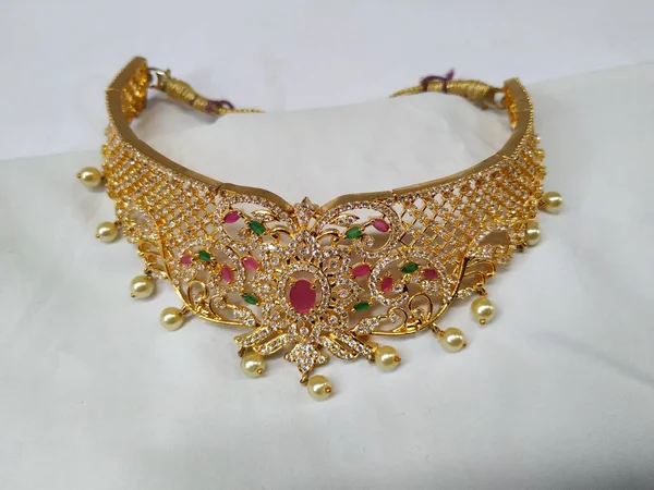 Closeup Indian Wedding Polki Necklace Choker Earring Tikka Other Jewelry — Stock Photo, Image