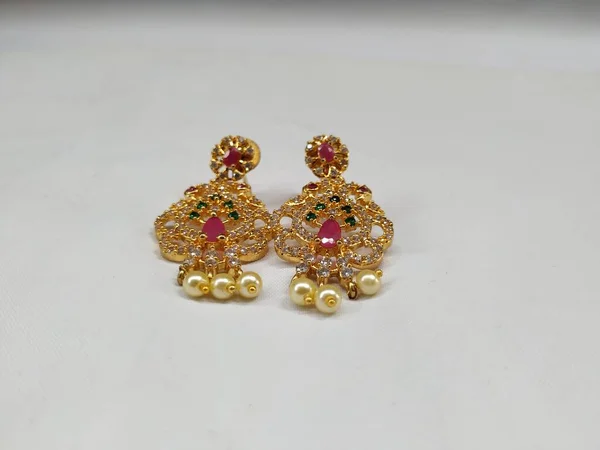 Closeup Indian Wedding Polki Necklace Choker Earring Tikka Other Jewelry — Stock Photo, Image