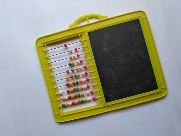 Beeds Abacus Black Board Slate Chalk Piece Isolated White Background — 스톡 사진