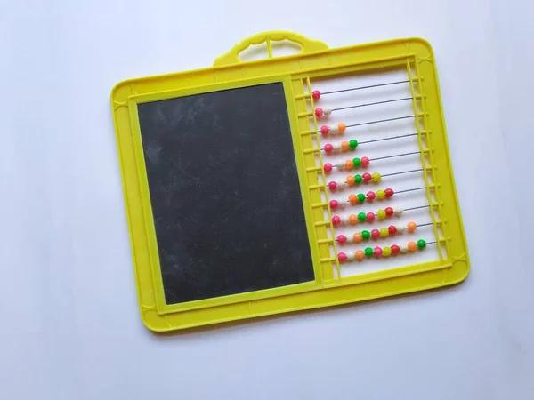 Closeup Plastic Colorful Beeds Abacus Black Board Slate Chalk Piece — Stock Photo, Image
