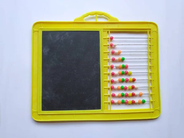Beeds Abacus Black Board Slate Chalk Piece Isolated White Background — 스톡 사진