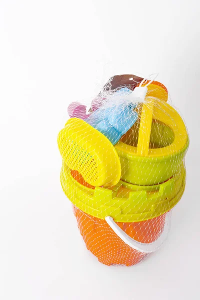 Conjunto Brinquedos Praia Plástico Fundo Branco — Fotografia de Stock