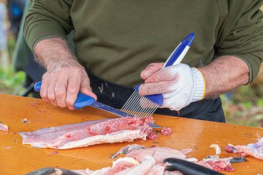 İnsan içini açıp fileto yaparak taze bir balık hazırlar. Balıkçılık.