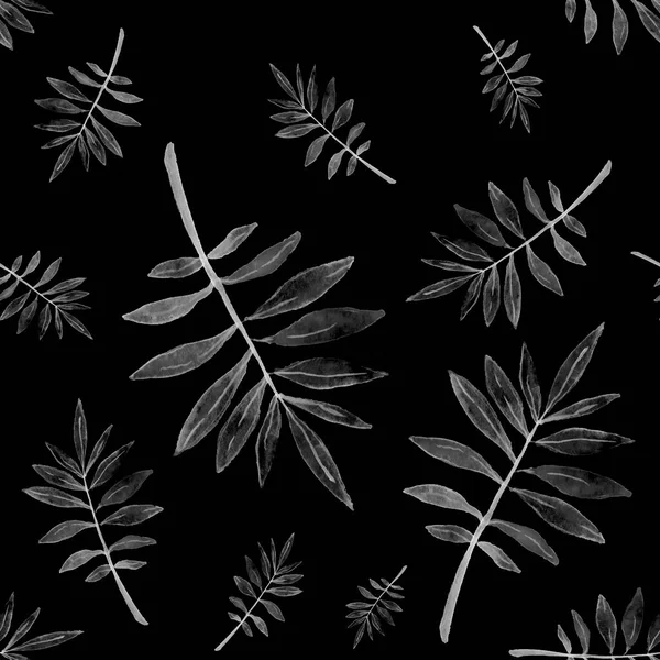 黑色背景10 X10 300 Dpi上有白色热带叶子的无缝图案 — 图库照片