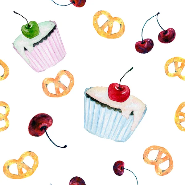 Modello Senza Cuciture Con Elementi Acquerello Cupcake Pretzel Ciliegie X10 — Foto Stock