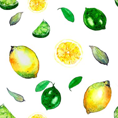 Suluboya limonları, limonlar ve bazı yapraklardan yapılmış kusursuz desenler. 10 x 10 dpi