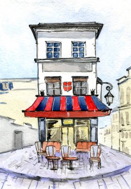 Avrupa 'da bir yerdeki bir kafenin suluboya seyahat çizimi