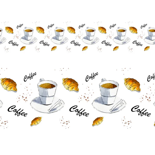 Watercolor seamless border with a cup of coffee, coffee spots, croissant and the inscription