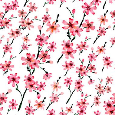 Çiçek açan sakura ile sulu boya deseni 10 x 10 inç 500 dpi