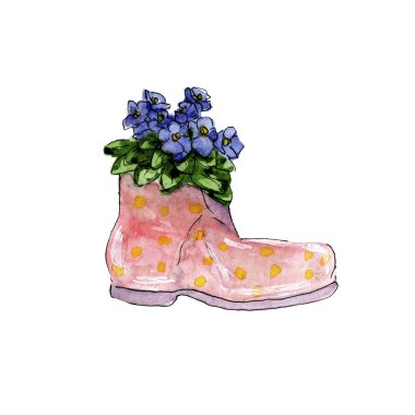 Suluboya el çizimi, 300 dpi menekşeli lastik bot çizimi.