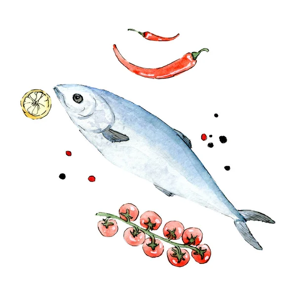 Illustrazione Acquerello Pesce Dipinto Mano Una Composizione Con Pomodori Pepe — Foto Stock