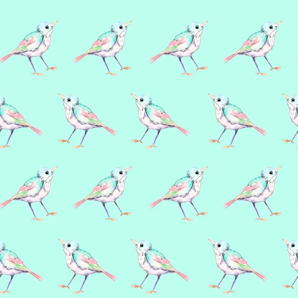 Seamless Pattern Little Watercolor Birds 500 Dpi — Stock Photo, Image