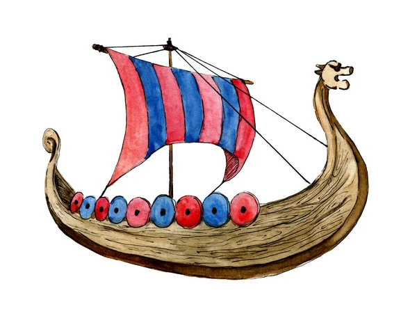 Aquarel Illustratie Van Een Met Hand Getekend Vikingschip — Stockfoto