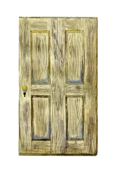 Акварельна Ілюстрація Старих Дерев Яних Дверей Золотою Ручкою Замковою Щілиною — стокове фото