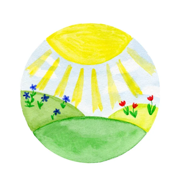 Watercolor Colorful Illustration Sun Shining Fileds — Stock Photo, Image