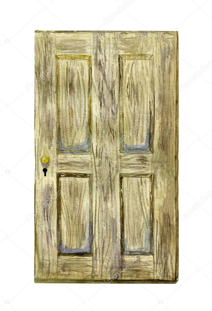 Watercolor illustration of an old wooden door with a gold handle and keyhole