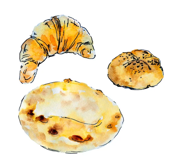 Aquarell Skizze Einiger Backwaren Wie Fladenbrot Croissant Und Brötchen — Stockfoto