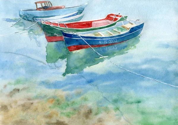 Akvarell Ihand Festett Csillogás Hajók Vízen — Stock Fotó