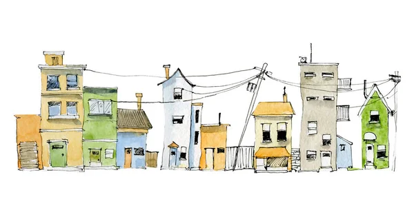 Akvarel Ilustrace Venkovské Ulice Pohled Ručně Kreslené Obyčejné Domy — Stock fotografie