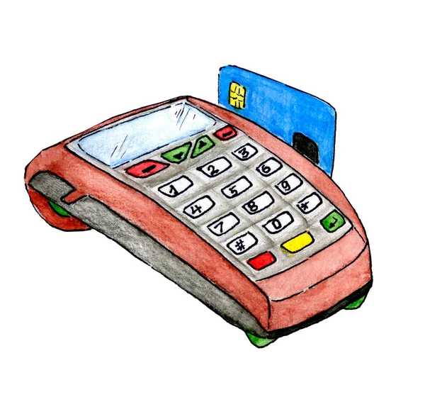 Hand Drawn Watercolor Pencils Bank Terminal Credit Card — Stock Photo, Image