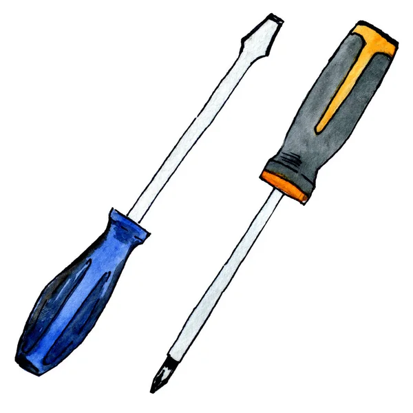 Watercolor Illustration Two Hand Drawn Screwdrivers — Stock Photo, Image