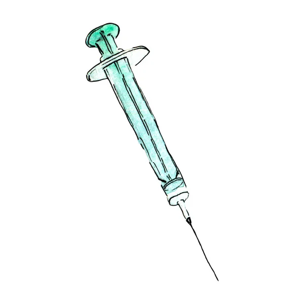 Watercolor Doodle Hand Painted Medical Syringe — Stock Photo, Image