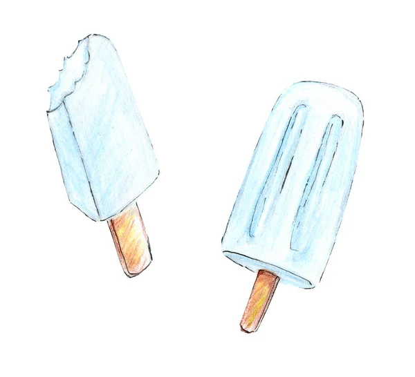 Ručně Kreslená Ilustrace Dvou Zmrzlin Malovaných Barevnými Tužkami — Stock fotografie